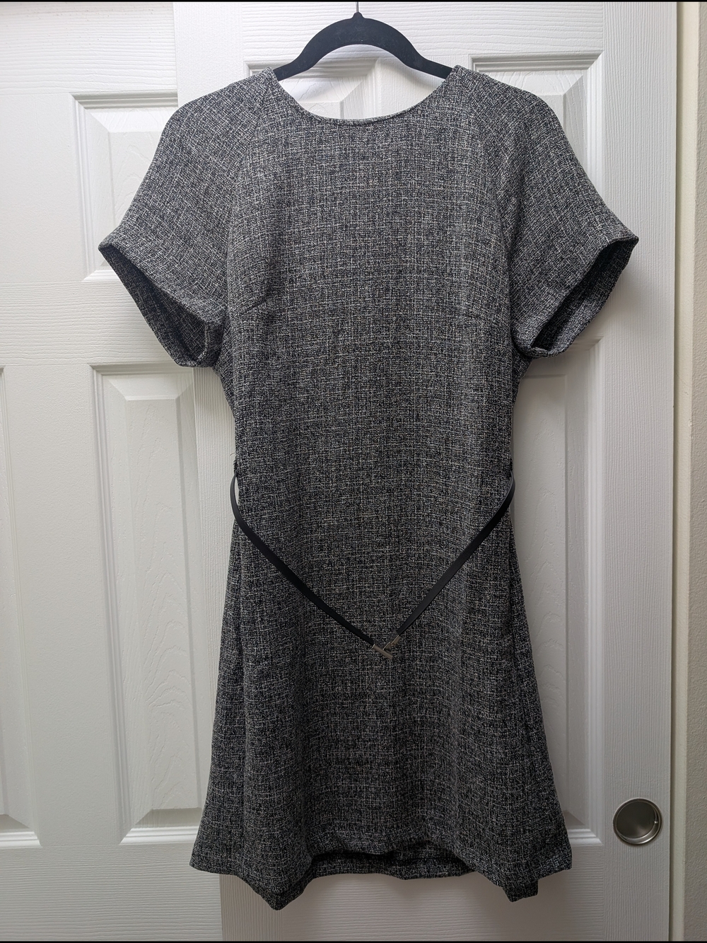 H&M Gray Tweed Fit-and-Flare Dress with Black Belt Detail